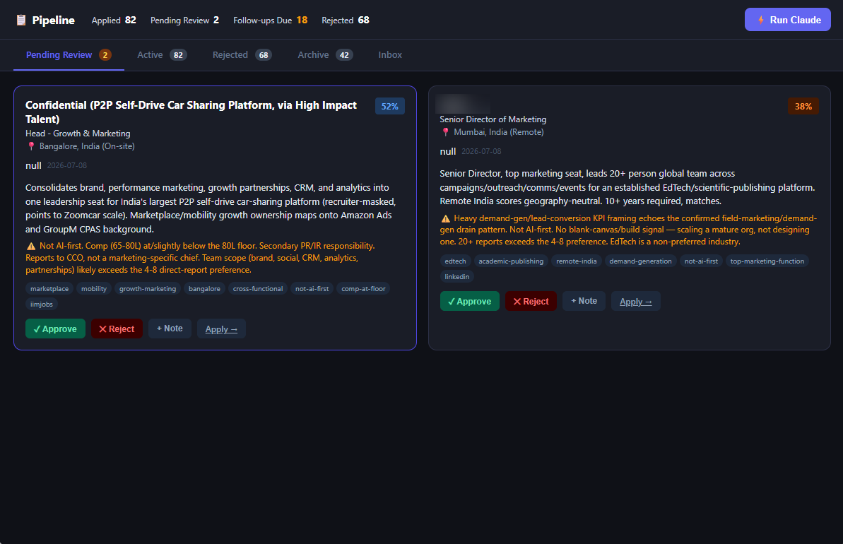 Pending review — two scored role cards with fit percentages and the reasoning behind each